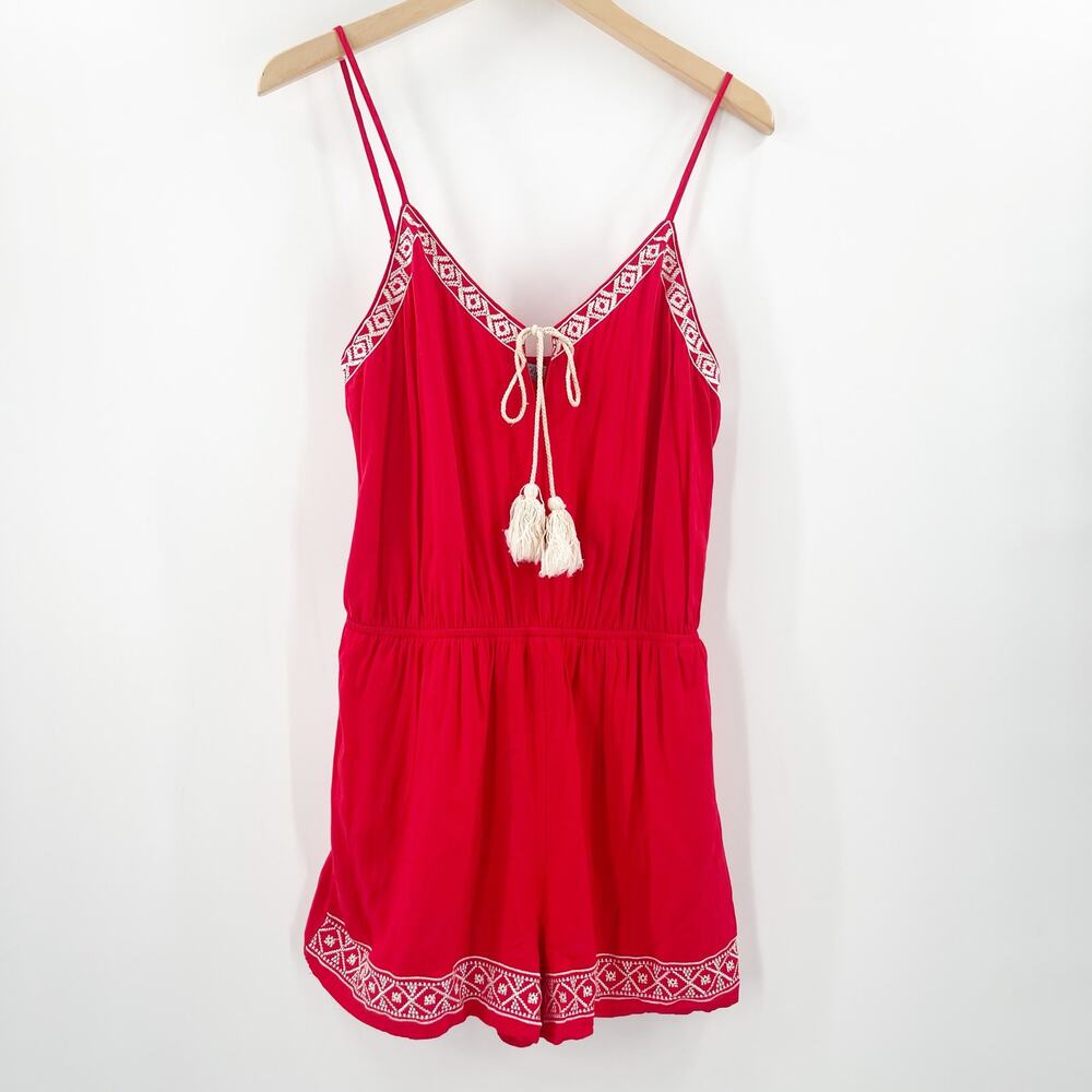 SHE + SKY Jumper Romper Size Large Red Embroidered Tassels Summer Beach Coastal